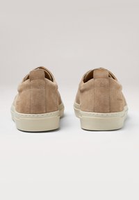 Baskets en daim beige à texture lisse, semelles en caoutchouc blanc plates et petits languettes au talon à l'arrière. Design minimaliste avec des accents cousus.