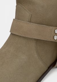 Κοντινή λήψη μπεζ μποτάκι αστραγάλου από σουέντ με διακοσμητικό λουράκι και δύο ασημένιους τρουκς στο πλάι.