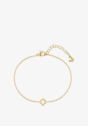 Jemný zlatý náramok s malým štylizovaným štvorlístkovým príveskom v strede a nastaviteľnou sponou s príveskom v tvare vtáka na konci.
