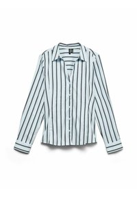 Jasnoniebieska koszula na długi rękaw z czarnymi pionowymi paskami. Posiada zakończony szpicem kołnierzyk oraz mankiety, wykonana z gładkiego materiału.