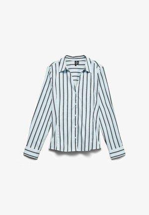 Camicia azzurra a maniche lunghe con bottoni e righe verticali nere. Presenta un colletto a punta e maniche con polsini, realizzata in tessuto liscio.