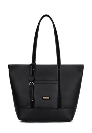 Zwarte leren draagtas met lange handvatten, voorvak, goudkleurig logo-plaatje en een klein rond decoratief label dat aan een riem hangt.