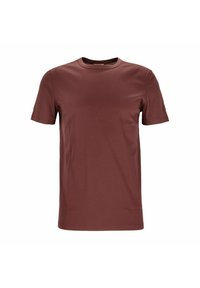 Kortærmet t-shirt i mørkerødbrun, rund halsudskæring, glat tekstur, minimalistisk design, ingen mønstre eller accenter. Letvægtsstof.