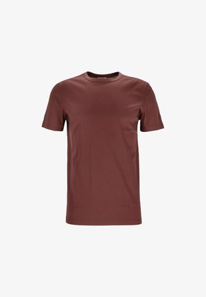 Kurzärmeliges T-Shirt in dunkelrotbraun, runder Ausschnitt, glatte Textur, minimalistisches Design, keine Muster oder Akzente. Leichter Stoff.