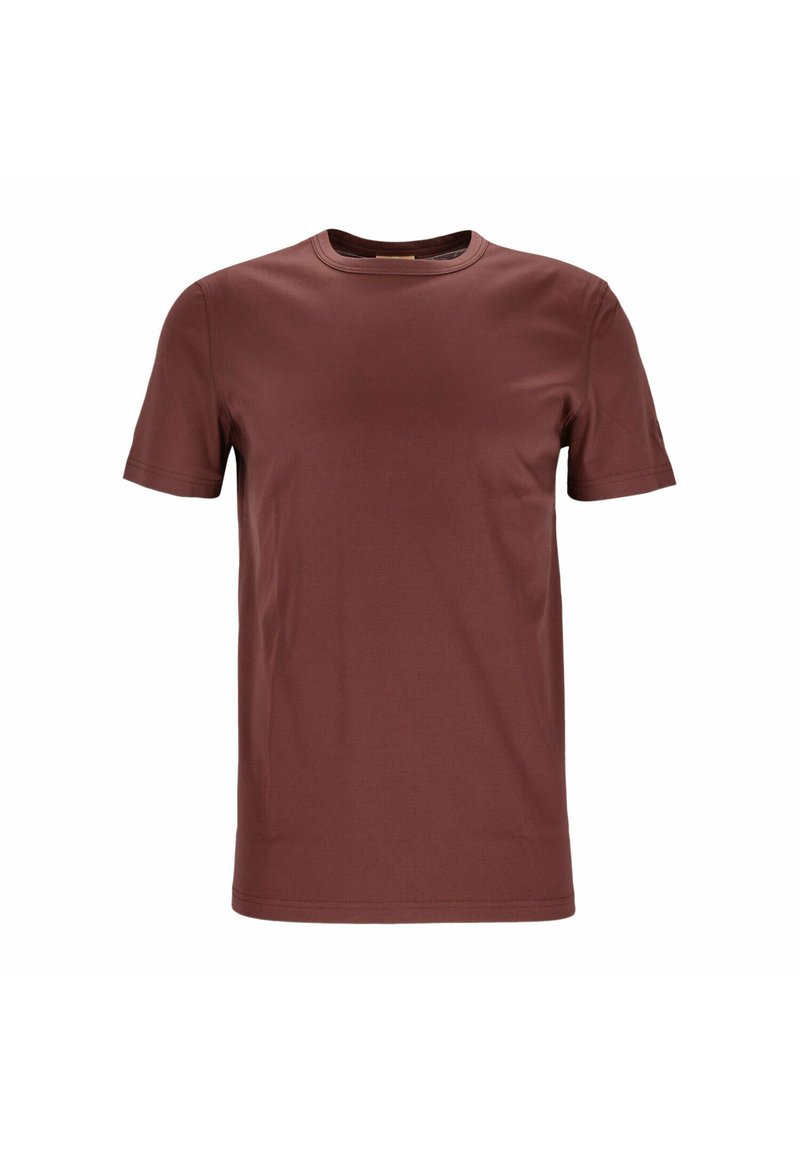 Kortærmet t-shirt i mørkerødbrun, rund halsudskæring, glat tekstur, minimalistisk design, ingen mønstre eller accenter. Letvægtsstof.