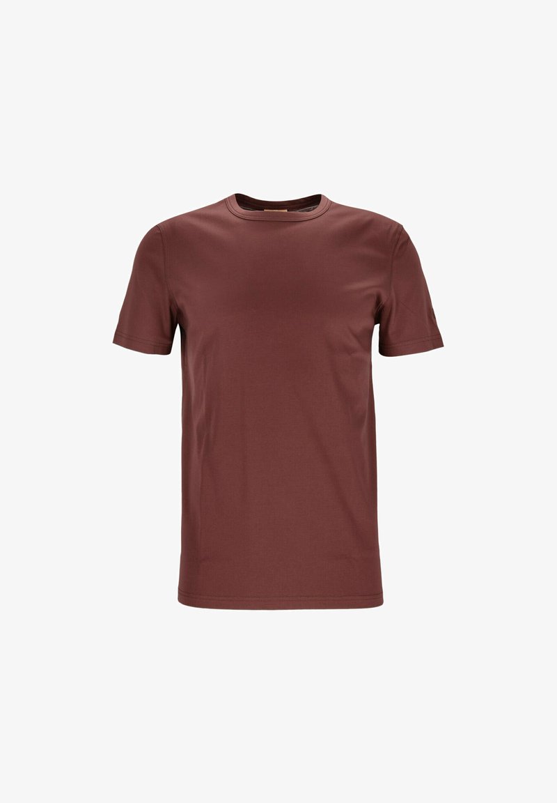 Kortærmet t-shirt i mørkerødbrun, rund halsudskæring, glat tekstur, minimalistisk design, ingen mønstre eller accenter. Letvægtsstof.