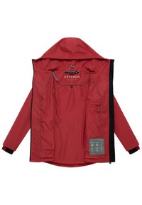 Rote Kapuzenjacke, geöffnet, um die Innentasche, den schwarzen Reißverschluss und das Etikett mit dem Markennamen "NAVAHOO" sowie den Pflegehinweisen auf der rechten Seite zu zeigen.