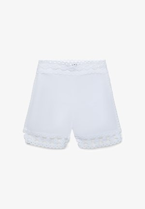 Shorts blancs pour femmes avec bordure en dentelle festonnée à la taille, sur les côtés et à l'ourlet, avec des détails brodés à œillets.