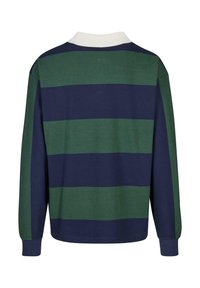 Long-sleeve polo shirt with a white collar, featuring alternating green and navy blue horizontal stripes and cuffs with ribbed texture.