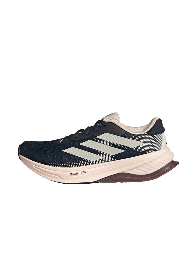 Scarpa da corsa con tomaia in rete blu scuro, suola beige chiaro e design a tre strisce bianche. Presenta una forma slanciata e aerodinamica e accenti testurizzati.