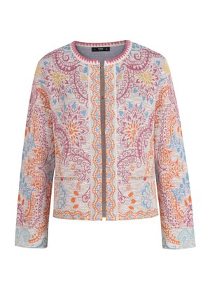 Langärmelig jack met knopen en een ronde halslijn, voorzien van ingewikkelde bloemmotieven en paisleypatronen in roze, oranje, blauw en geel.