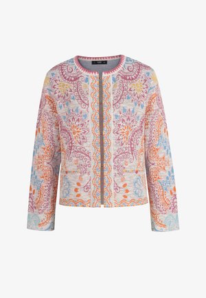 Langärmelig jack met knopen en een ronde halslijn, voorzien van ingewikkelde bloemmotieven en paisleypatronen in roze, oranje, blauw en geel.
