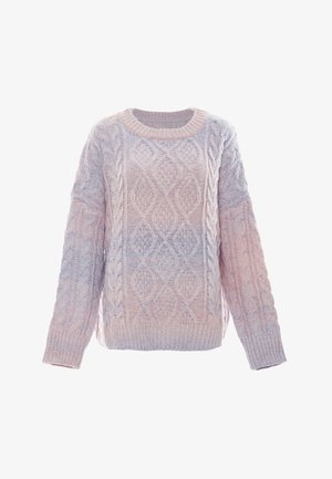 Suéter de punto trenzado en un degradado de rosa suave y azul. Presenta un cuello redondo y puños acanalados. Textura acogedora con patrones en forma de diamante.