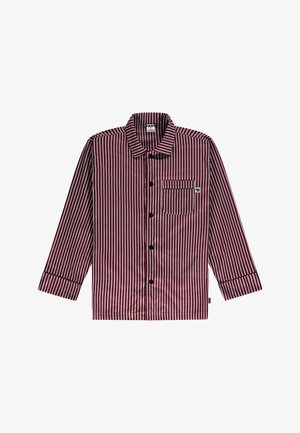 Rood en wit gestreepte lange mouwen shirt met een button-down kraag, een enkele borstzak en zwarte knopen. Gladde stofstructuur.
