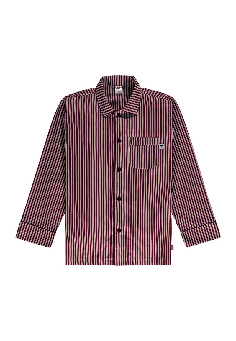 Rood en wit gestreepte lange mouwen shirt met een button-down kraag, een enkele borstzak en zwarte knopen. Gladde stofstructuur.