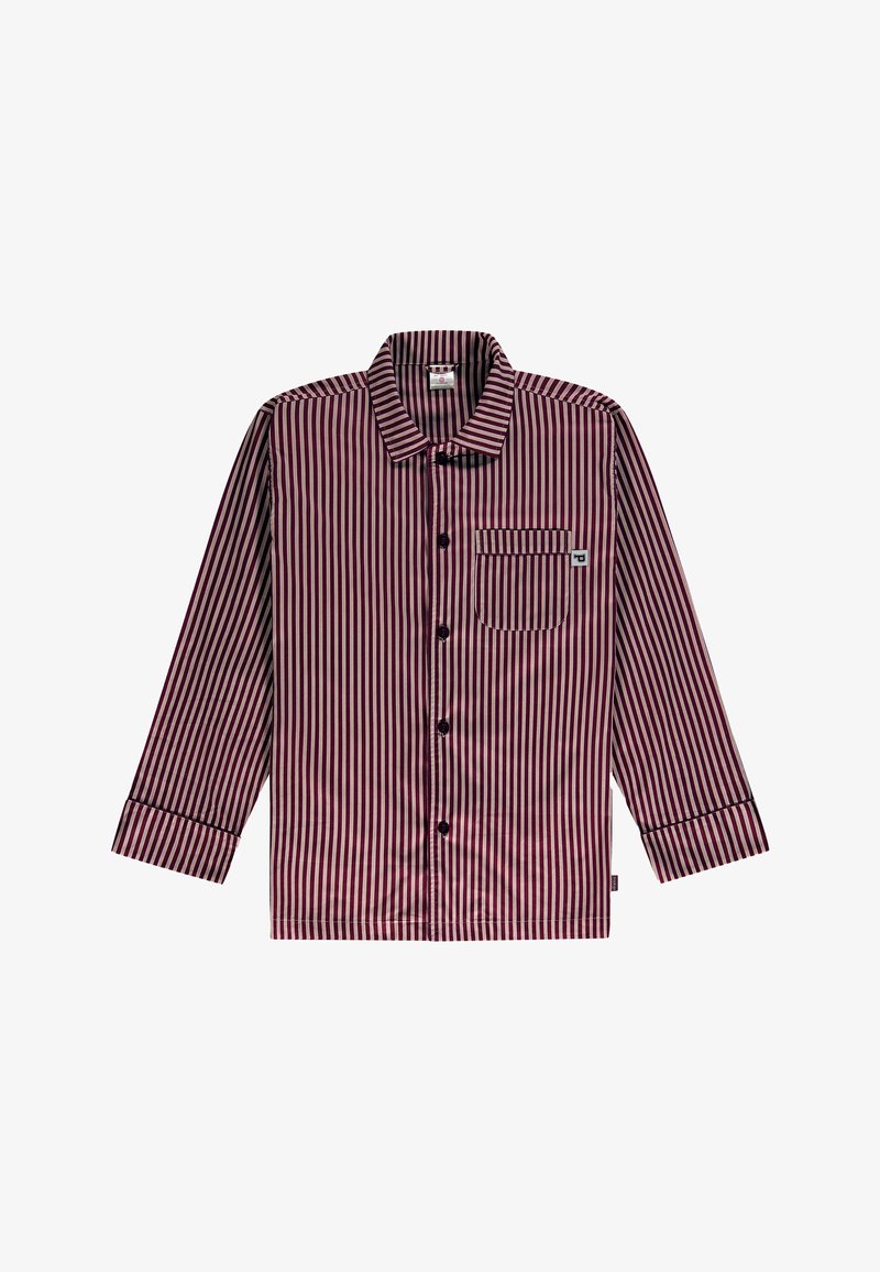 Rood en wit gestreepte lange mouwen shirt met een button-down kraag, een enkele borstzak en zwarte knopen. Gladde stofstructuur.