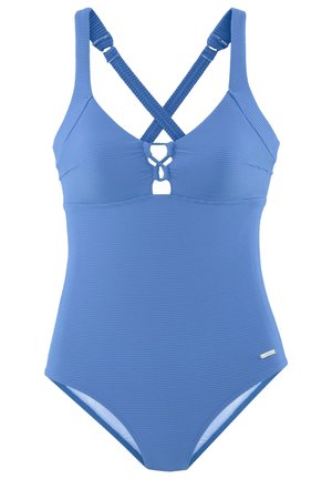 Blauer gerippter Einteiler-Badeanzug mit verstellbaren Kreuzriemen, der an der Vorderseite mit einem Schlitz versehen ist und eine glatte Textur aufweist.