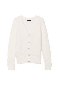 Cardigan bianco lavorato a maglia con scollo a V, sette bottoni argentati lungo la parte anteriore e motivo a zigzag testurizzato lungo l'orlo e le maniche.