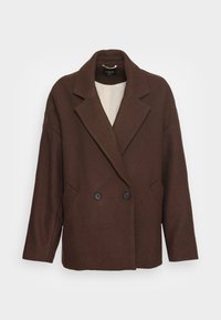 Brun uldblanding dobbeltradet jakke med store revers, to forlommer og sorte knapper, med en glat inderside.