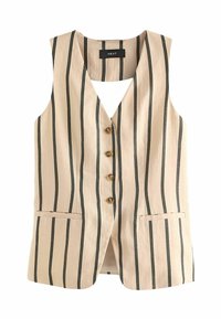 Gilet beige avec des rayures verticales noires, design en V, fermeture à cinq boutons et deux poches avant. Fabriqué en tissu léger et texturé.