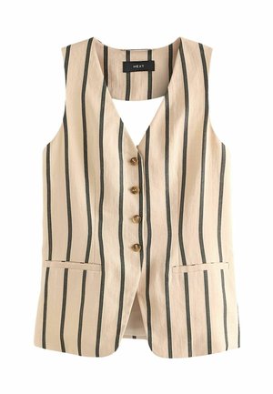Beige vesta s vertikálními černými pruhy, designem do V, s pěti knoflíky a dvěma předními kapsami. Vyrobena z lehké texturované látky.