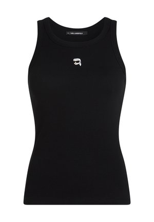 Débardeur noir côtelé sans manches avec un petit visage brodé portant des lunettes de soleil centré sous l'encolure.