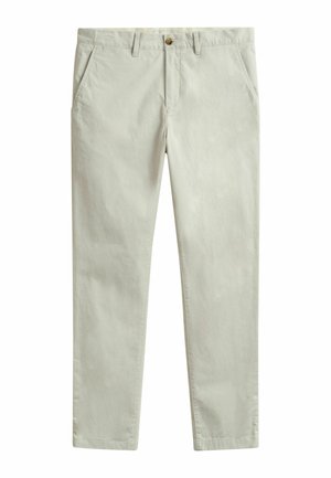 Lichtbeige rechte broek met steekzakken, taillebandlussen en een knoopsluiting in de taille.