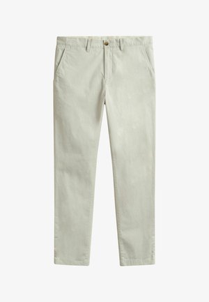 Lichtbeige rechte broek met steekzakken, taillebandlussen en een knoopsluiting in de taille.