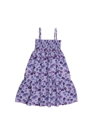 Fliederfarbenes ärmelloses Kleid mit gerafftem Oberteil und gestuftem Rock, verziert mit kleinem lila und blauem Blumenmuster.