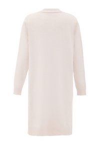 Cardigan lavorato a maglia di un rosa pallido, con colletto e maniche lunghe. Il tessuto ha una texture liscia e polsini e orlo a coste.