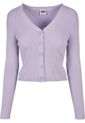 Cardigan lilas à côtes avec des manches longues, décolleté en V et six boutons assortis sur le devant, fabriqué en matériau tricoté doux.