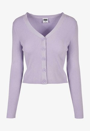 Lilla ribbet cardigan med lange ermer, V-hals, og seks matchende knapper foran, laget av mykt strikket materiale.