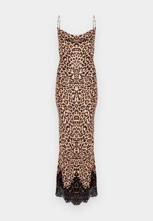 Abito in stampa leopardata beige e nero, con spalline sottili e orlo in pizzo. Realizzato in un materiale morbido con una silhouette aderente.