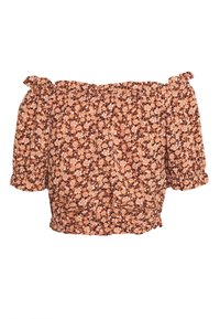 Blusa scollata, a maniche corte in arancione ruggine con un motivo floreale. Presenta elastico arricciato alle maniche e all'orlo per un look aderente.