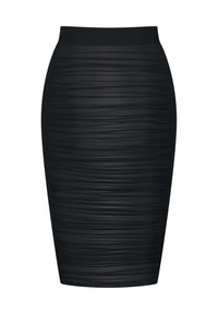 Schwarzer Bleistiftrock mit taillierter Passform. Hergestellt aus strukturiertem Stoff mit horizontalen Falten. Elastischer Bund oben.