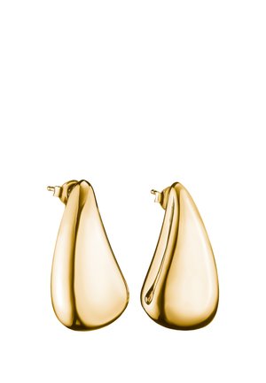 Paar glänzende goldene Metallohrringe mit glatten, geschwungenen, unregelmäßigen Tropfenformen und Stecker-Verschlüssen für durchbohrte Ohren.
