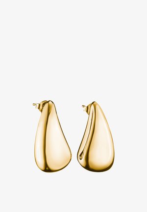 Paar glänzende goldene Metallohrringe mit glatten, geschwungenen, unregelmäßigen Tropfenformen und Stecker-Verschlüssen für durchbohrte Ohren.