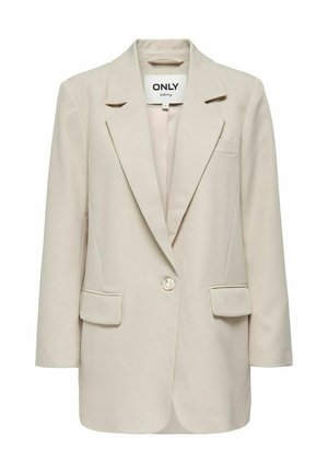 Blazer beige realizzato in tessuto morbido con un singolo bottone, rever a notch e due tasche frontali. Presenta un design minimalista e una vestibilità sartoriale.