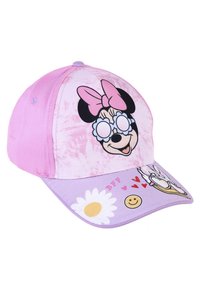 Rosa Baseballcap mit einem großen Minnie-Maus-Graphic auf der Vorderseite, Herzen und Smiley-Icons sowie einem lavendelfarbenen Schirm mit einem Gänseblümchenmuster.