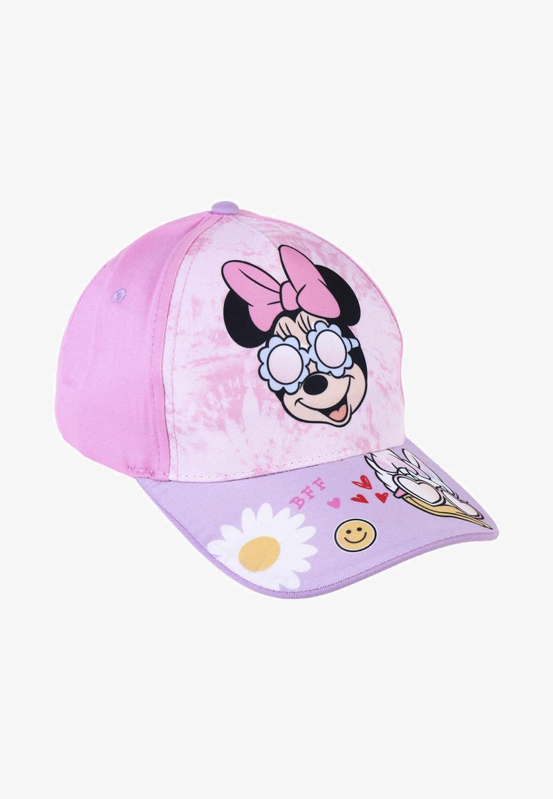 Rosa Baseballcap mit einem großen Minnie-Maus-Graphic auf der Vorderseite, Herzen und Smiley-Icons sowie einem lavendelfarbenen Schirm mit einem Gänseblümchenmuster.