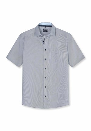 Camicia azzurra chiara a maniche corte con taschino sul petto e colletto interno a contrasto con un piccolo motivo a puntini.