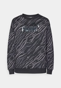 Felpa nera e grigia con un motivo a strisce tigre, caratterizzata da un logo metallico "PUMA" sulla parte anteriore, scollatura rotonda e polsini a coste.