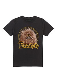 Black cotton t-shirt featuring a furry creature graphic with yellow eyes, surrounded by a circular design, and "Fizzgig" text in ornate yellow lettering.