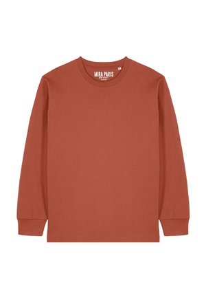 Maglietta a maniche lunghe con scollo rotondo in arancione ruggine, polsini a coste e la scritta "MIRA PARIS" stampata all'interno del colletto.