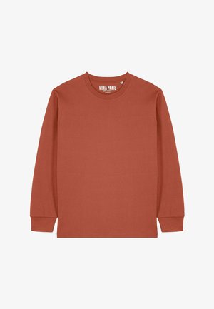 T-shirt à manches longues et col rond de couleur orange rouille avec des poignets côtelés et l'inscription « MIRA PARIS » imprimée à l'intérieur du col.
