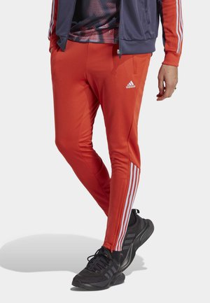 Rode sportieve broek met een taps toelopend ontwerp, voorzien van witte strepen en ritssluitingen aan de pijpen. Gepaard met zwarte sneakers voor een strakke look.