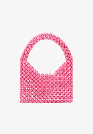 Roze kralenhandtas met een ronde handvat, met een textuur van glanzende, ronde kralen die een open ontwerp creëren.