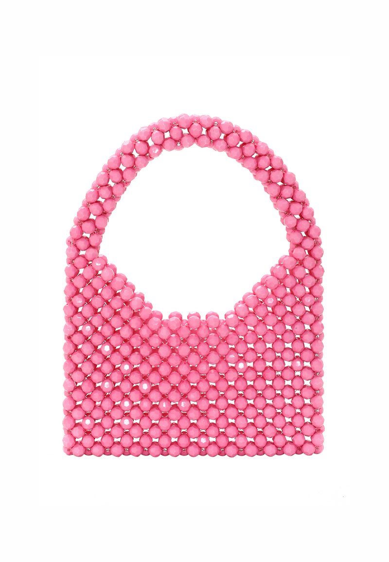 Borsa a tracolla rosa con manico rotondo, caratterizzata da una superficie testurizzata realizzata in perline rotonde lucide, che creano un design aperto.