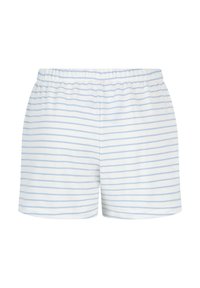 Witte shorts met lichtblauwe strepen, gemaakt van zacht materiaal, met een elastische tailleband en een ontspannen pasvorm. Geen zakken of opvallende accenten.