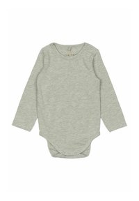 Langärmliger Baby-Body in Hellgrau, aus weichem Baumwollmaterial, mit rundem Ausschnitt und Druckknöpfen an der Schulter und am Boden.